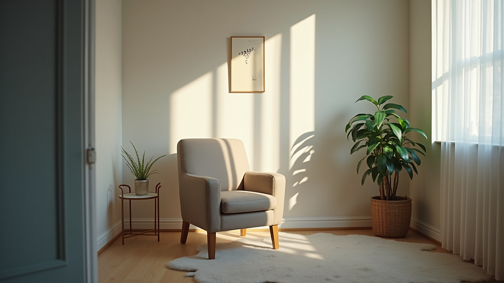 Eye-level view of a calm psychiatrist's office with a comfortable chair and soft lighting