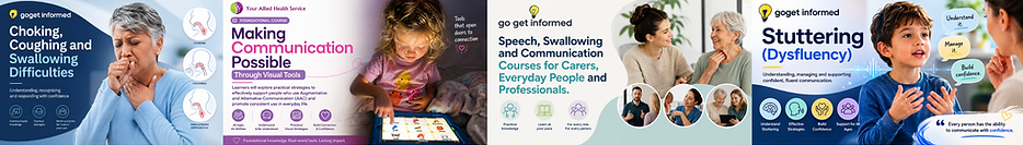 Go Get Informed allied health education courses covering choking, coughing and swallowing difficulties, AAC communication tools, speech and swallowing, and stuttering.