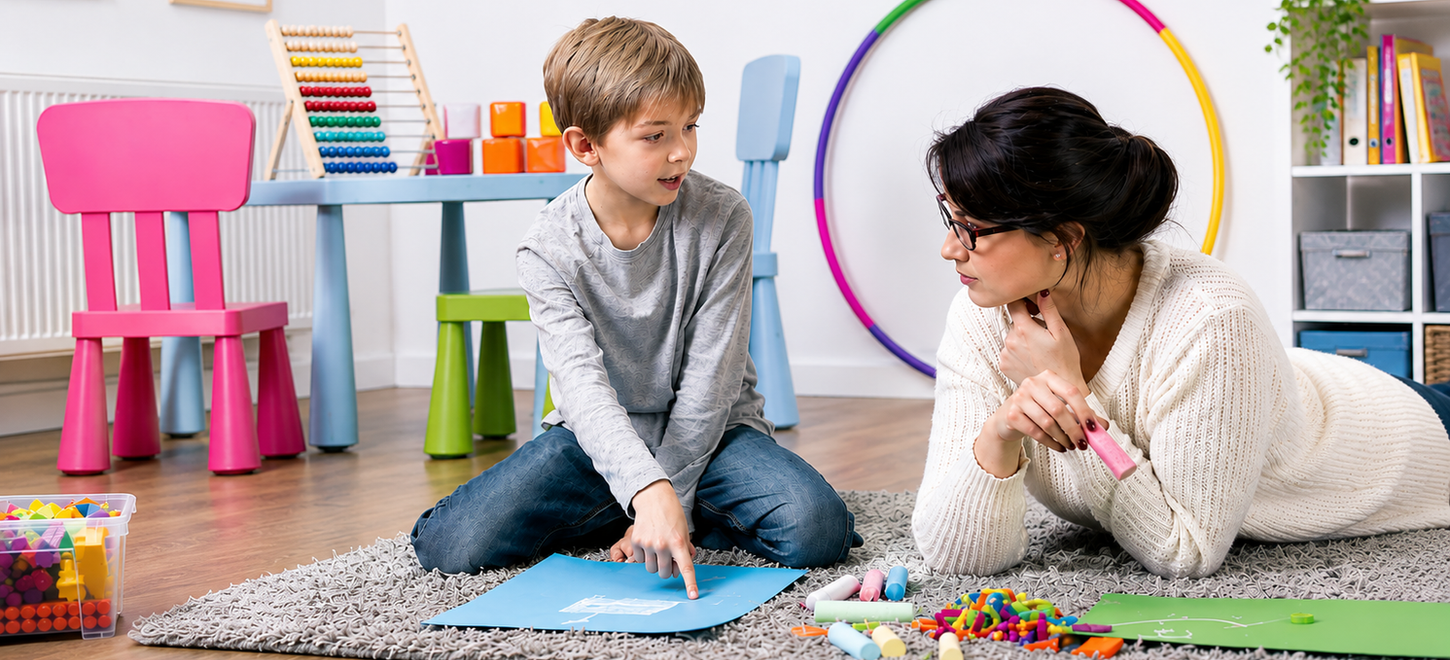 Young boy communicating with an allied health professional during a supportive therapy session.