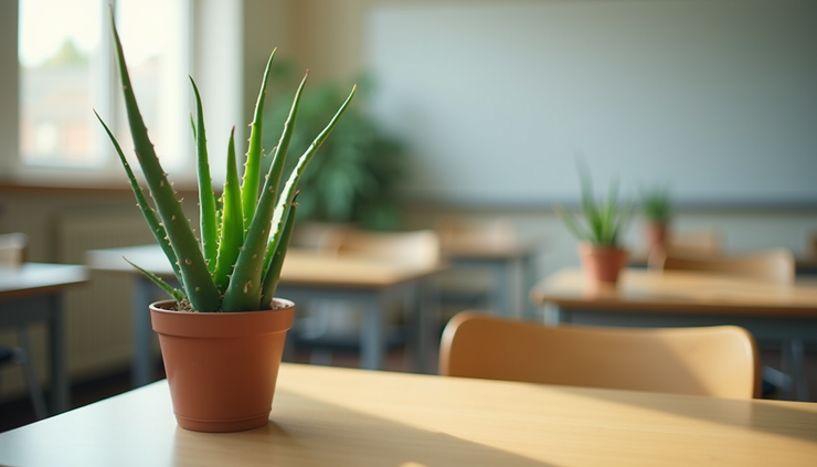 Eye-level view of aloe vera plant on a classroom desk with sunlight filtering through a window