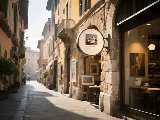 Modern storefront with a double-sided blade sign mounted perpendicular to the building facade.