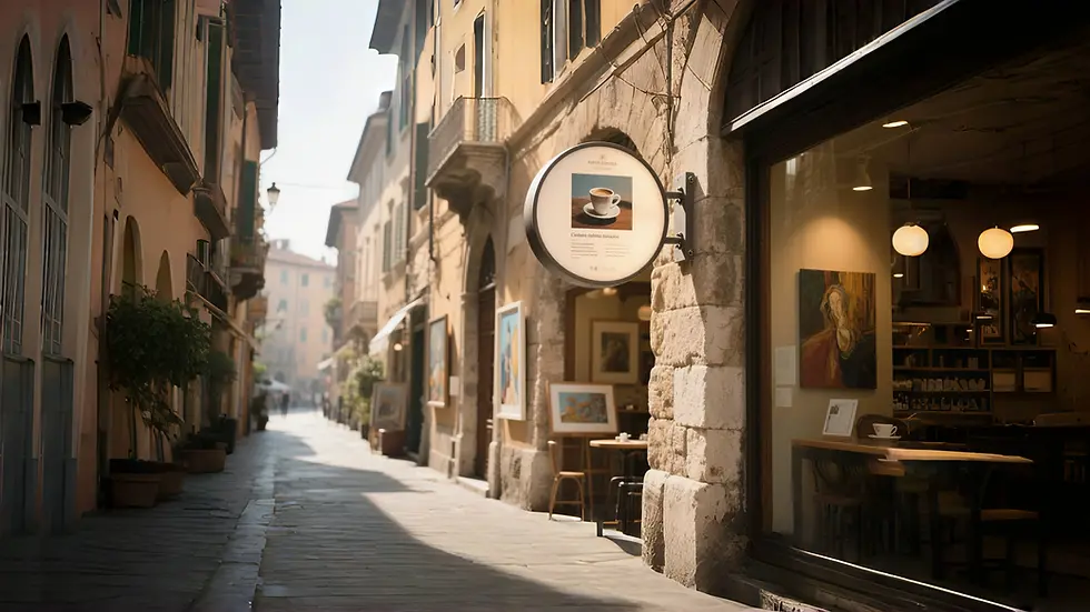 Modern storefront with a double-sided blade sign mounted perpendicular to the building facade.