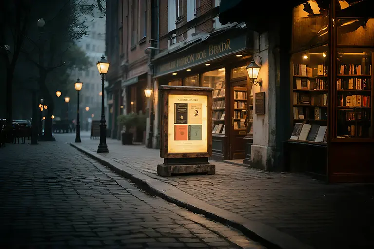 Luminous cabinet signs outside a bookstore at night.