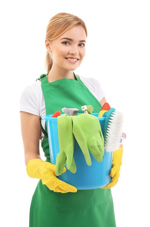 Home Cleaning Dalston- Young woman holding bucket with cleaning products
