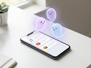 A phone sitting on a desk with 3 friendly ghosts floating above it