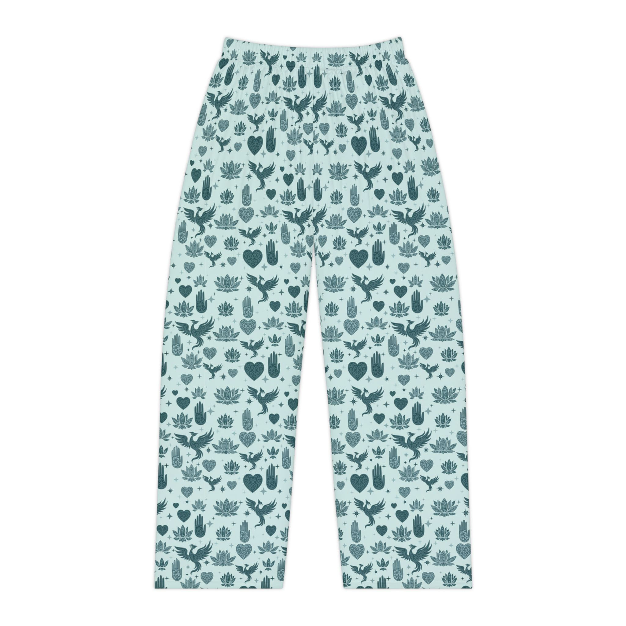 Teal Floral Heart Pattern Pajama Pants | All-Over Print Lounge Bottoms