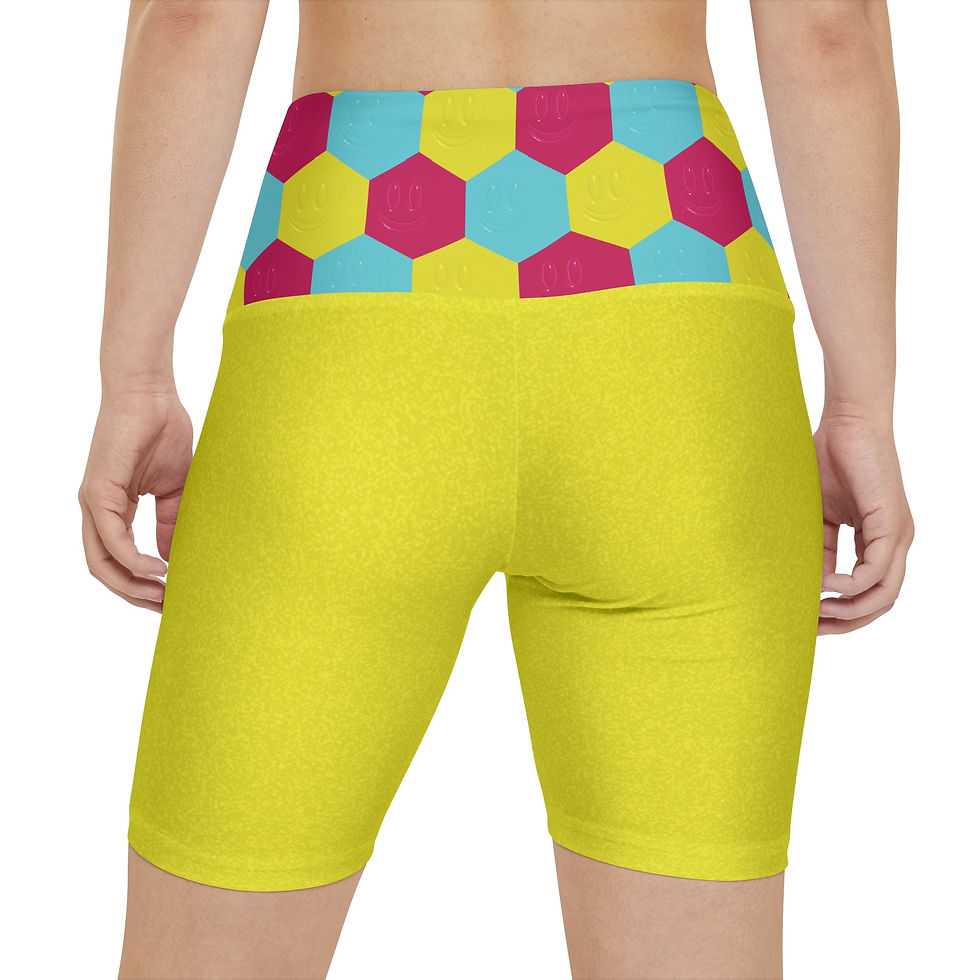 Miniatura: Bright Geo Hexagon Smiles Waistband Athletic Bike Shorts