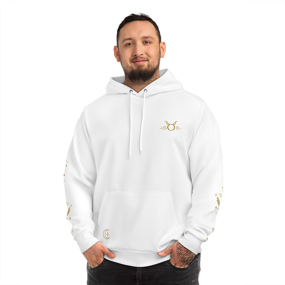 Thumbnail: White Mystic Gold Tauro Hoodie — Ornate Celestial All-Over Print