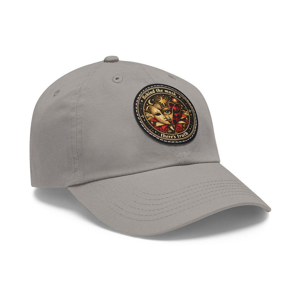 Miniatura: Vintage Carnival Mask Leather Patch Dad Hat — "Behind the Mask There's Truth"