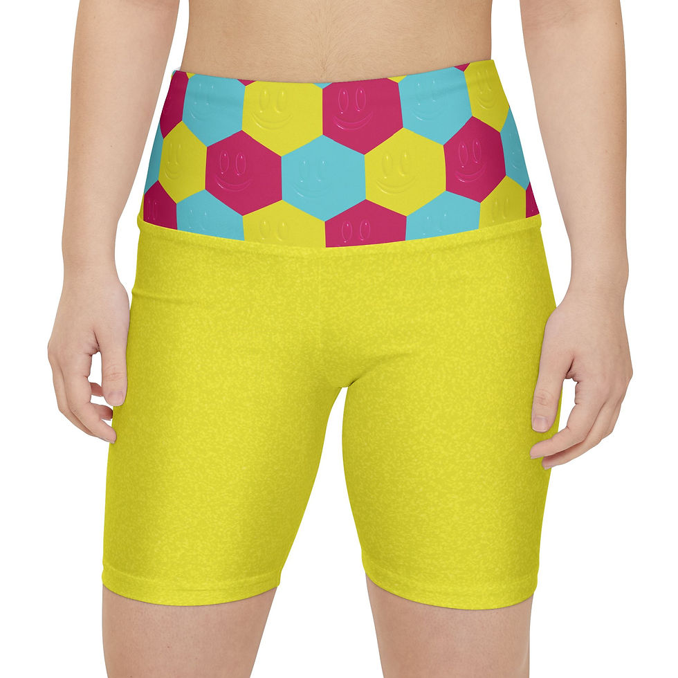 Miniatura: Bright Geo Hexagon Smiles Waistband Athletic Bike Shorts