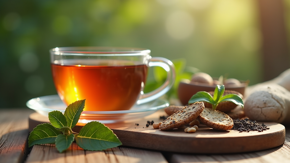 Close-up view of herbal teas and natural remedies on a wooden table