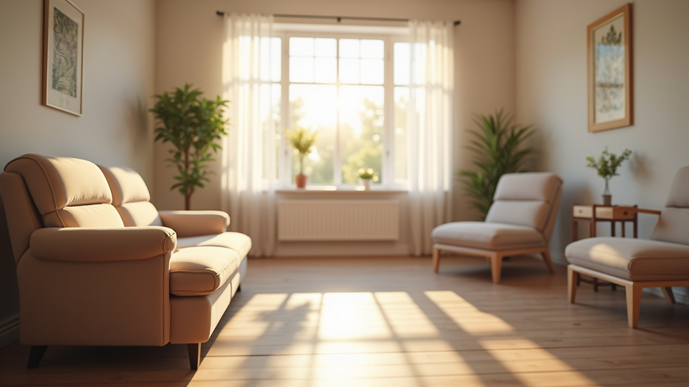 Close-up view of a calm therapy room with soft lighting and comfortable seating