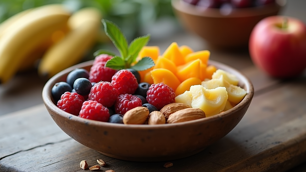 Close-up view of a bowl of fresh fruits and nuts