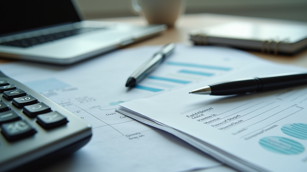 Close-up view of organized financial documents and calculator on desk