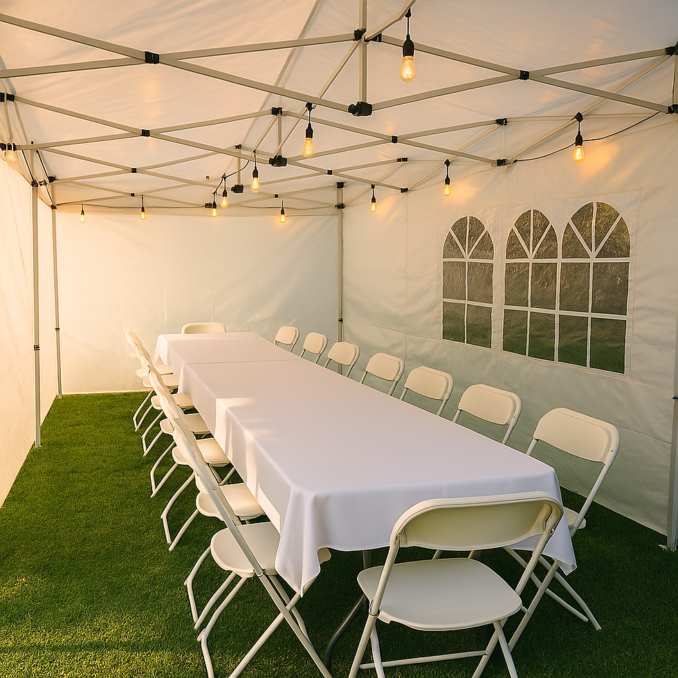10x30 white pop-up tent rental setup in Tampa with banquet tables, folding chairs, and string lighting for an outdoor event