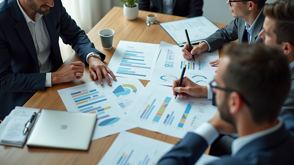 high angle view of a business meeting with charts and laptops