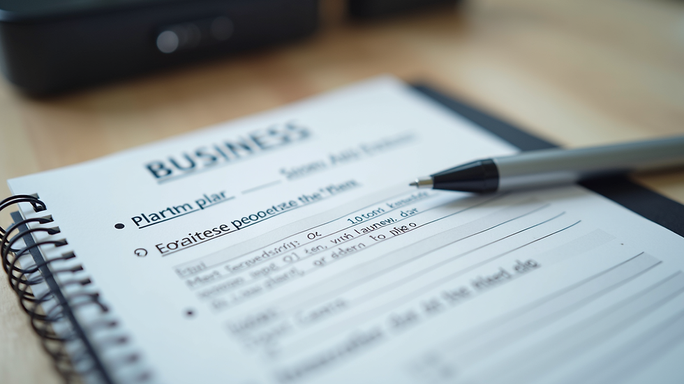 Close-up view of a notebook with a business plan and a pen