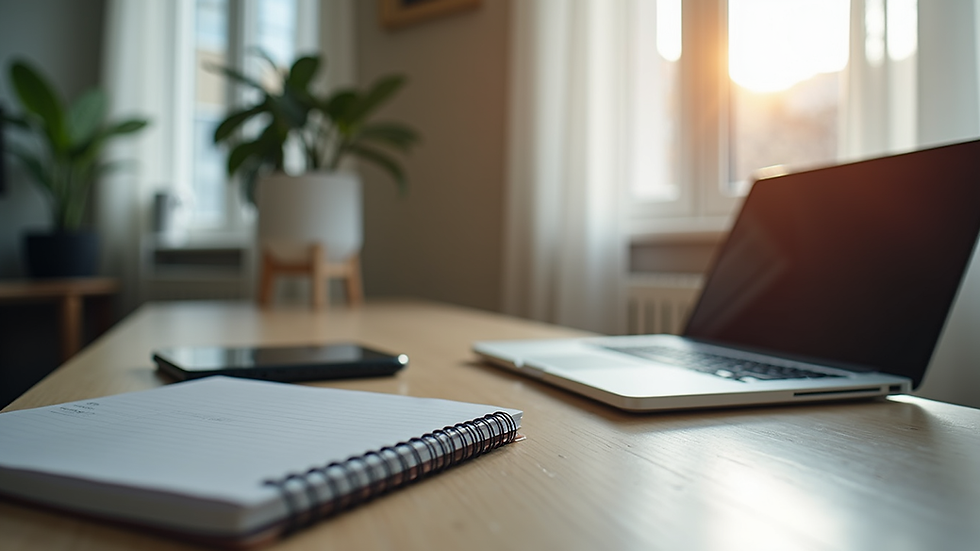 Eye-level view of a modern home office with a laptop and notebook