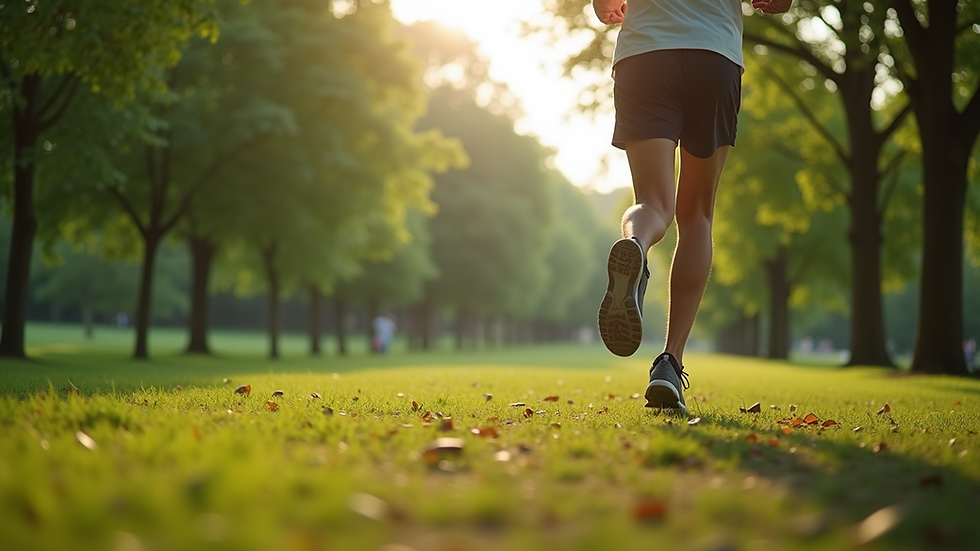 eye-level view of a person jogging in a green park