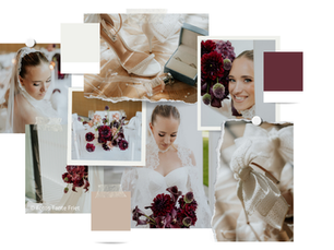 Braut mit modernem Braut-Make-up, Hochzeitsdetails und floralen Elementen in einer Collage