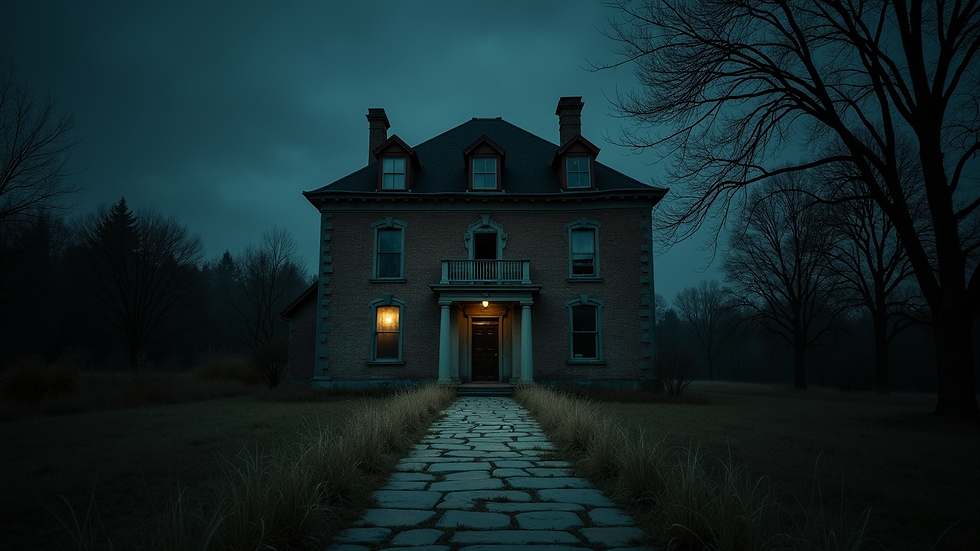 Eye-level view of an old, haunted building at night