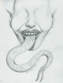 A face with no eyes, pointed ears, and pointed teeth in the mouth. The tongue sticks out and is very long, forked at the end.