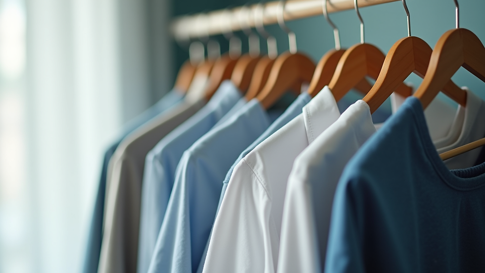 close-up view of neatly ironed clothes on a hanger