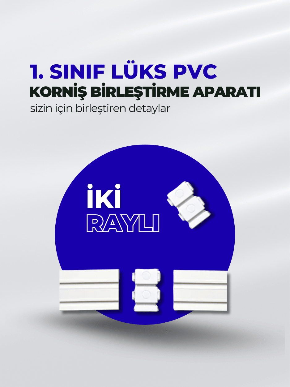 Perde raylarını uç uca boşluksuz hizalayan, sessiz kayma ve estetik bütünlük sağlayan 1. sınıf lüks PVC ek aparatı.