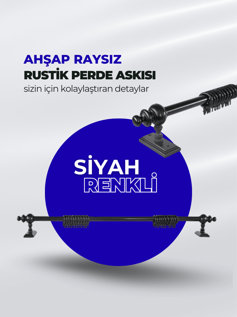 Masif kayın başlıklı, mat siyah dekoratif rustik boru; halka, klips veya korniş adaptörlü halkalı perdelerle yalın ve şık