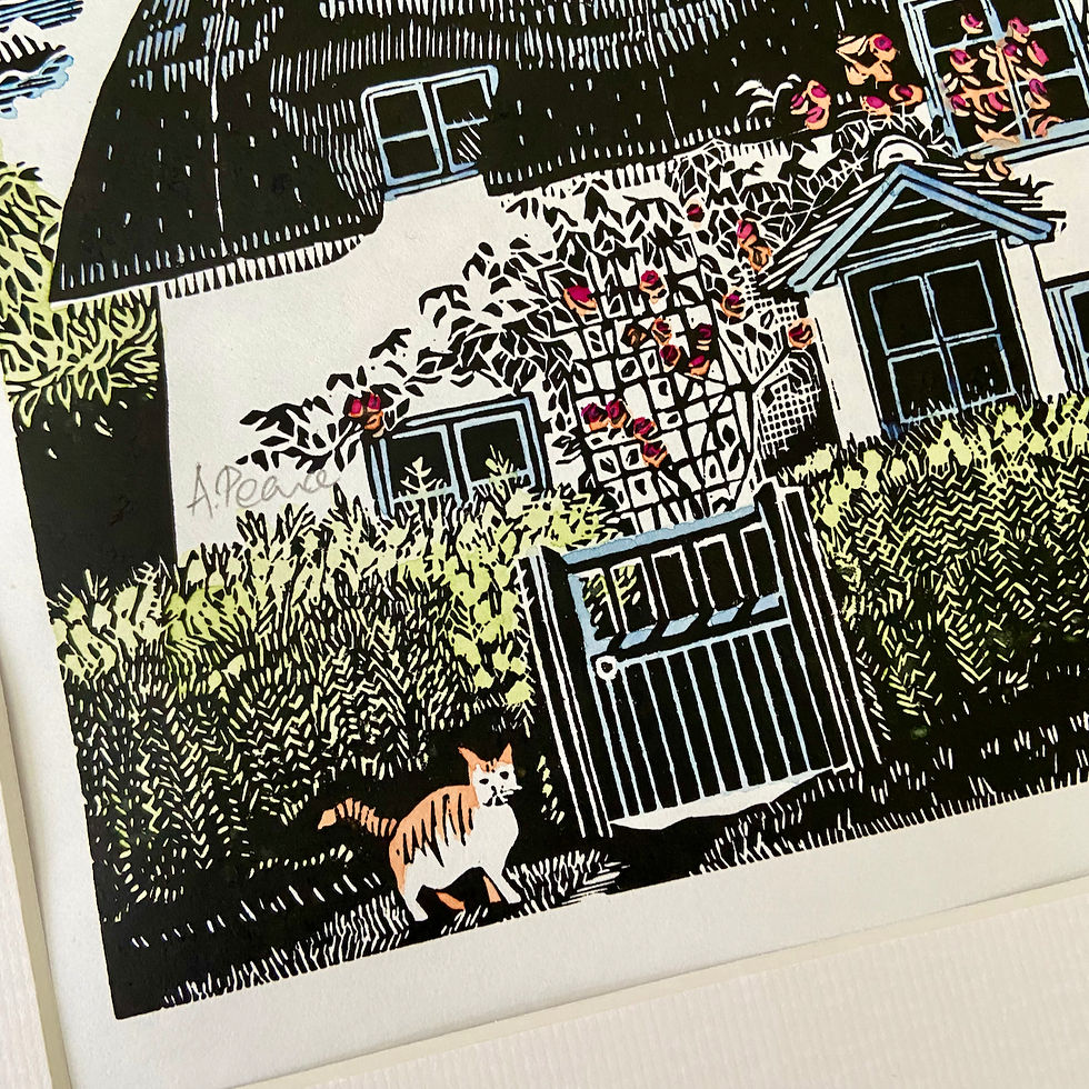 Thumbnail: linocut print of cat at gate in front of thatch cottage
