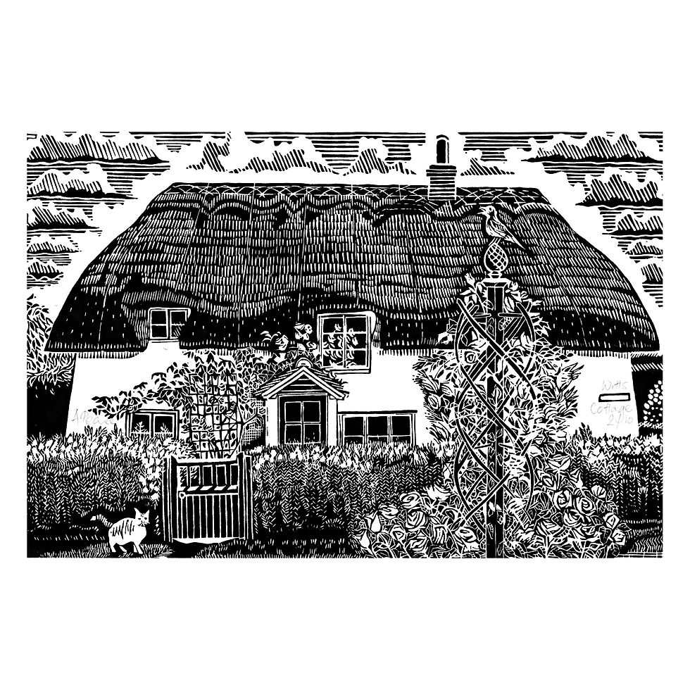 Thumbnail: black linocut print of old England thatch cottage with rose garden