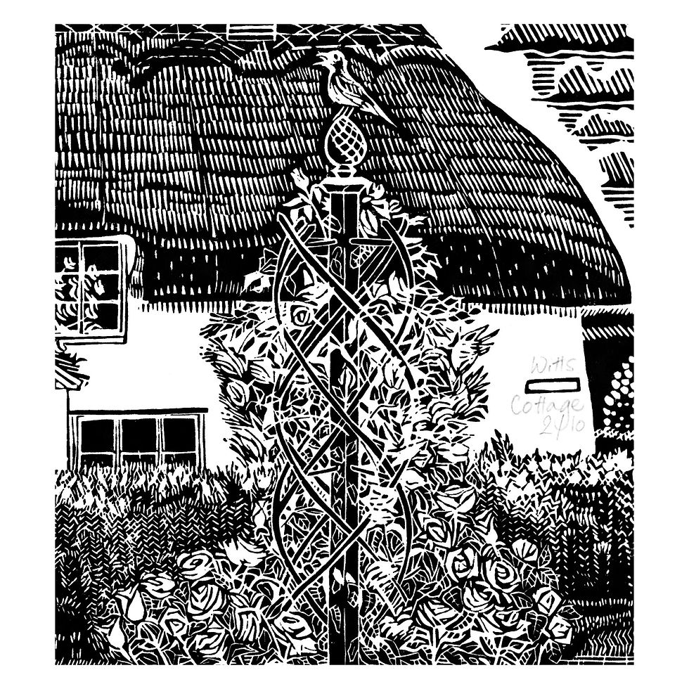 Thumbnail: black linocut print of roses on plant support near thatch cottage
