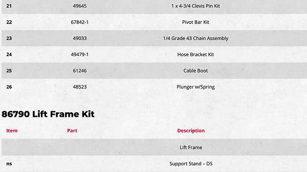 WESTERN WIDE-OUT XL lift frame component parts