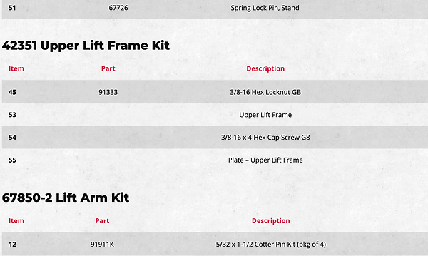 WESTERN MIDWEIGHT lift frame component parts