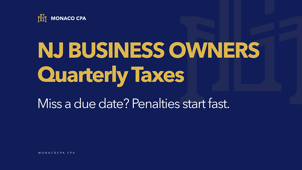 Graphic explaining New Jersey quarterly estimated taxes for business owners and penalties for missed due dates.