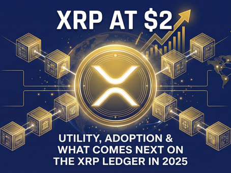 XRP at $2 utility and adoption infographic featuring the XRP Ledger logo at center, surrounded by icons representing cross-border payments, institutional banking, blockchain infrastructure, NFTs, and global connectivity, with an upward trending price arrow indicating growth in 2025