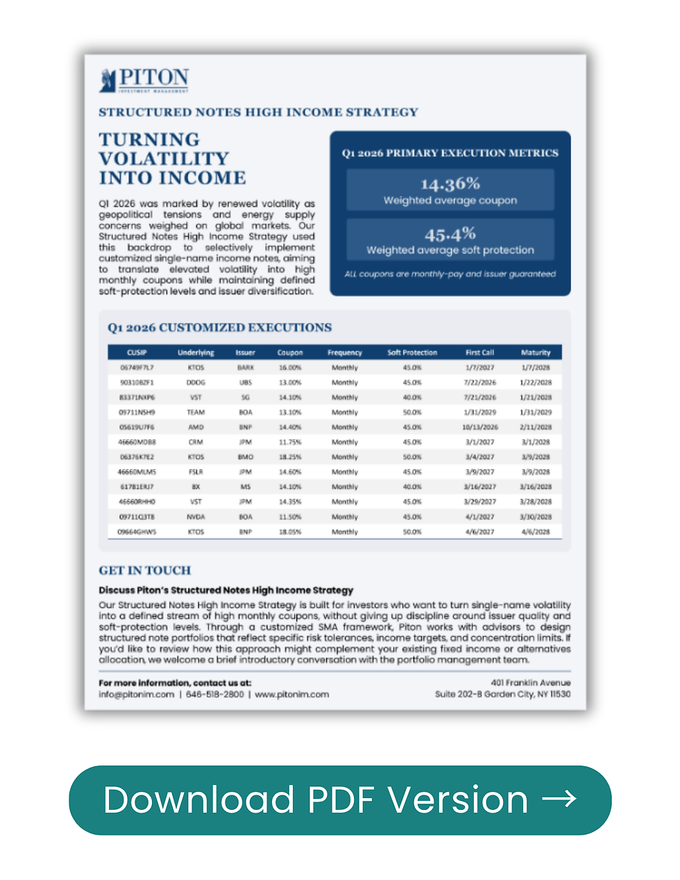 Financial document titled "Structured Notes High Income Strategy," featuring charts, data tables, and a button to download the PDF version.