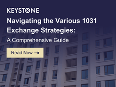 Keystone ad with 1031 Exchange Strategies guide and Read Now button over a dark city building backdrop.