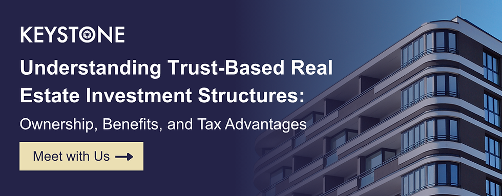 Keystone promo banner with modern apartment building on blue background and text: Understanding Trust-Based Real Estate Investment Structures, Meet with Us