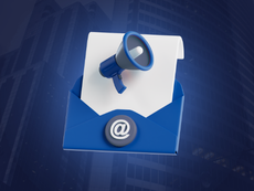 Blue-themed graphic with text "The Email Marketing Crisis Facing Fund Managers" and "Why Most Struggle with Lead Generation" alongside a megaphone in envelope.