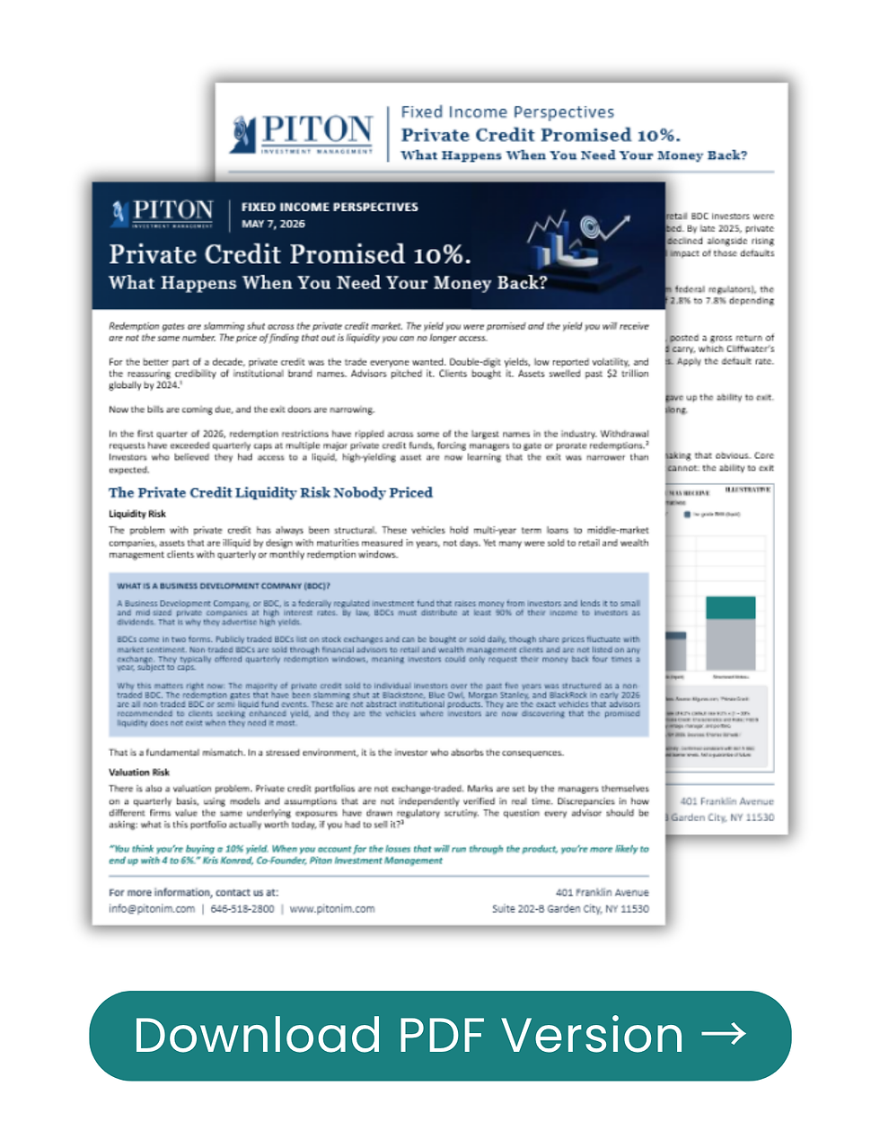Financial document titled "Private Credit Promised 10%" discusses credit risks. Blue heading, white background. Button reads "Download PDF Version."