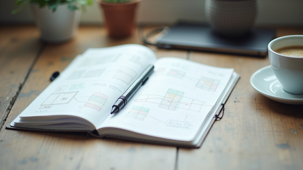High angle view of a notebook with project planning notes and a pen