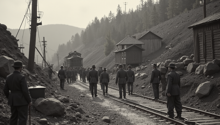 Eye-level view of a rural mining town with workers gathered near a coal mine entrance