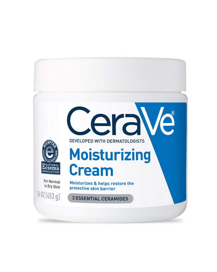 CeraVe Moisturizing Cream jar on white background, labeled for normal to dry skin and 3 essential ceramides