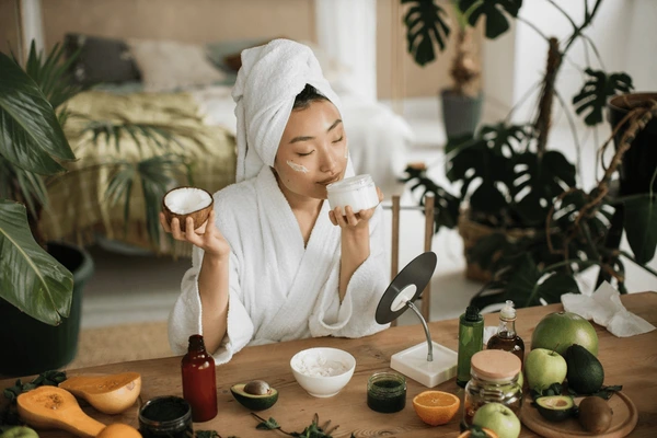 Woman in a bathrobe with a towel on her head applies cream to her face. Surrounded by skincare items and fruits on a table, she's in a cozy room.
