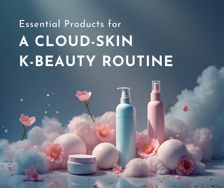 Aesthetic display of pink and blue skincare bottles surrounded by soft pink flowers and cotton-like clouds for an essential Cloud-Skin K-Beauty routine.