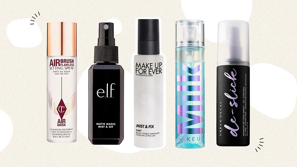 Five makeup setting sprays on a light background. Includes brands like e.l.f, Milk, and Urban Decay with varied designs and colors.
