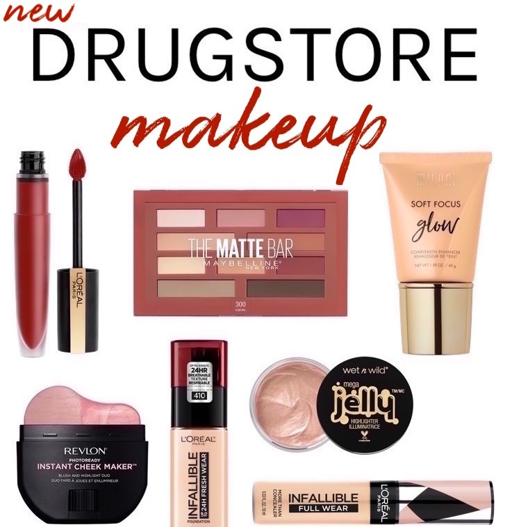 Various drugstore makeup products are displayed, including lip gloss, eyeshadow palette, cheek maker, glow enhancer, and foundation.