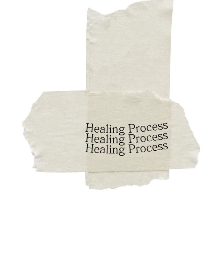 Torn beige paper with "Healing Process" repeated three times in black text. White background, minimalist and contemplative mood.