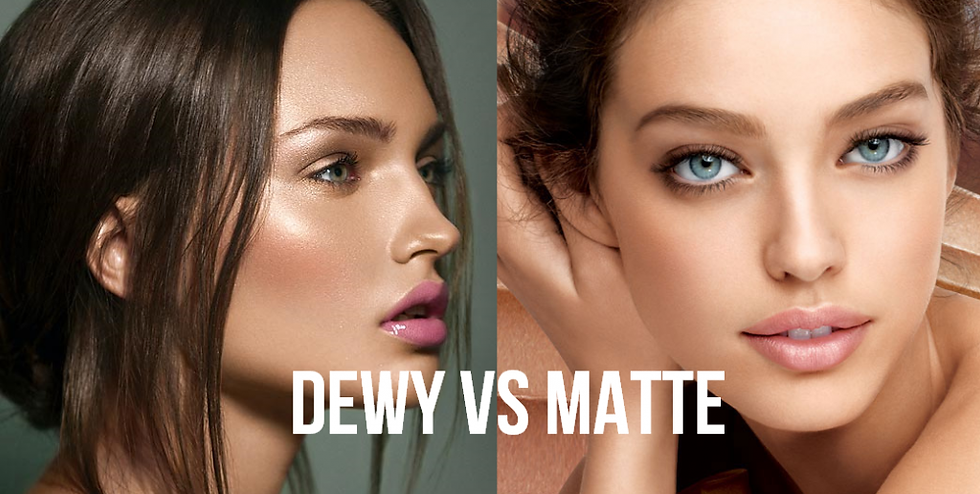 Two women side by side, one with dewy makeup and the other with matte makeup. Text: Dewy vs Matte. Neutral background.